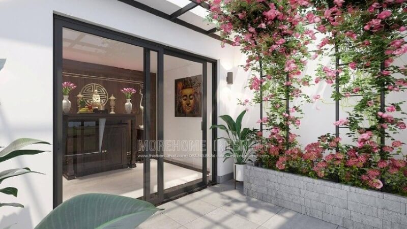 Morehome xin giới thiệu ý tưởng thiết kế phòng thờ thờ Phật Quan Âm trên đây với tủ thờ bằng gỗ óc chó cao cấp kết hợp cùng tấm gỗ ốp tường với trọng tâm chữ Thọ tạo điểm tinh tế có phía trước hướng ra vườn hoa tuyệt đẹp sẽ là gợi ý lý tưởng cho không gian nhà phố, biệt thự. Thiết kế nội thất biệt thự