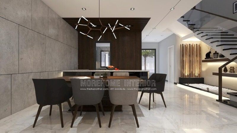 Bố trí phòng ăn hiện đại độc đáo dành cho không gian rộng như nhà phố, biệt thự với ý tưởng trang trí mở phòng ăn liền kề phòng khách, phòng bếp.