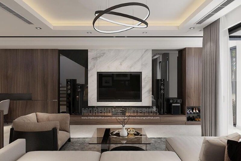 Đá ốp granite sẽ độc đáo hơn nết kết hợp vật liệu ốp phòng khách tối màu.