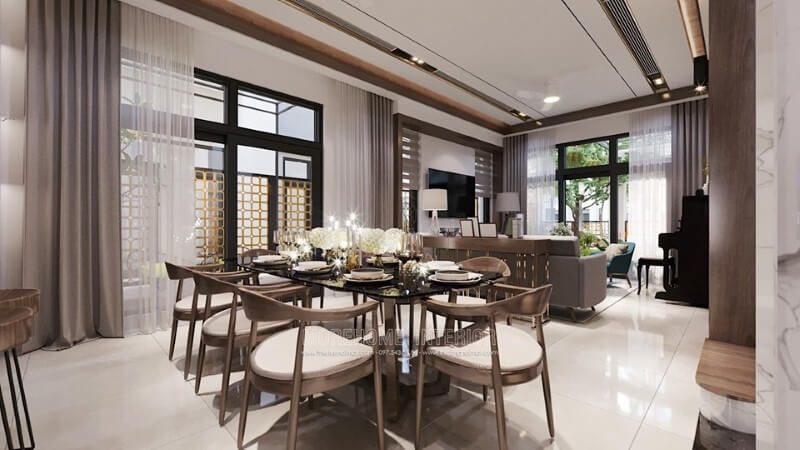 Bàn ghế phòng ăn tân cổ điển được thiết kế bởi khung gỗ óc mang lại sự sang trọng và đẳng cấp.